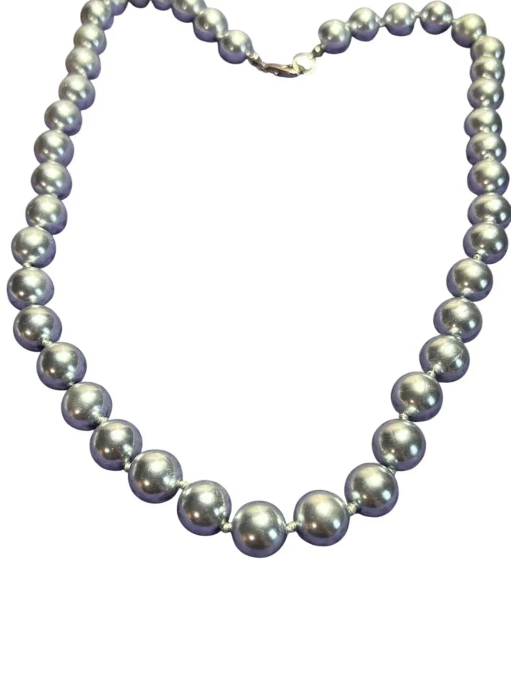 Lightweight Blue Grey Glass Faux Pearl Beaded Necklace Knotted Lobster Clasp